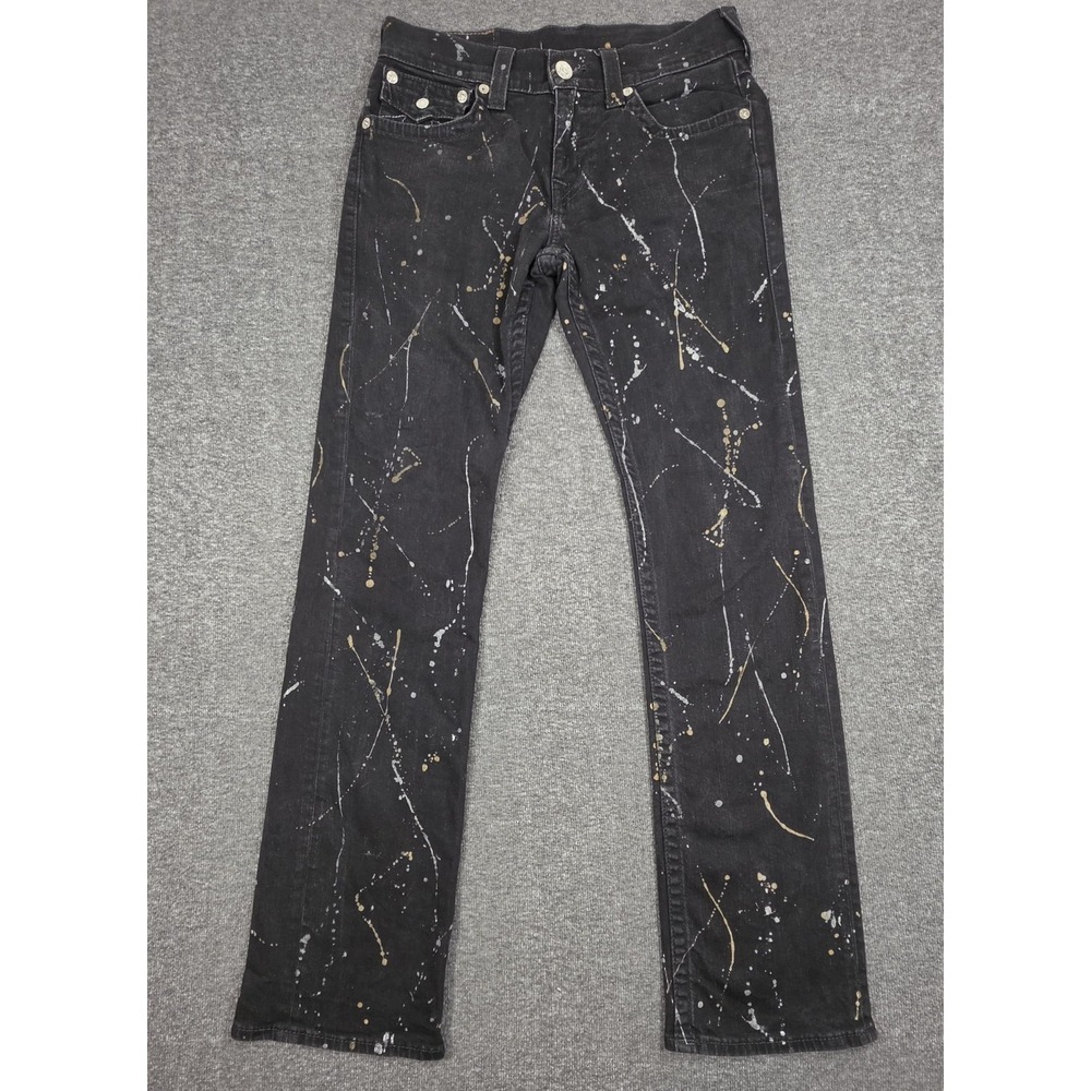 True Religion Flap Straight Jeans Men's Size 30x32 Black Paint Splatter Denim